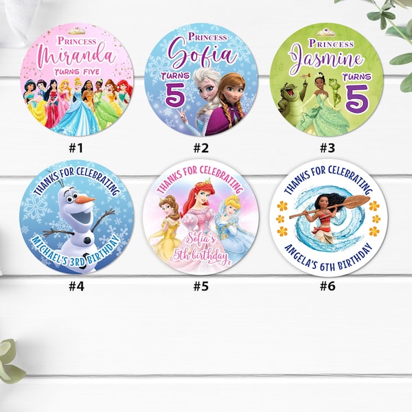 Princess Birthday Party Stickers Printed, Frozen Birthday Stickers, Olaf, Cinderella, Ariel, Princess Favor Stickers, Goody Bag Labels,  1P