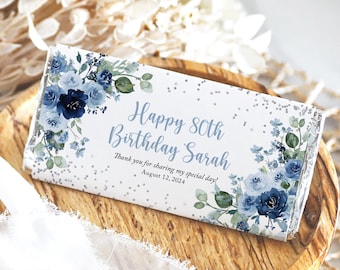 Dusty Blue Floral Birthday Hershey's Chocolate Bar Wrappers Printed, 50th Birthday Favors, 60th Birthday Candy Wrappers, 70th, 80th, 40th,30