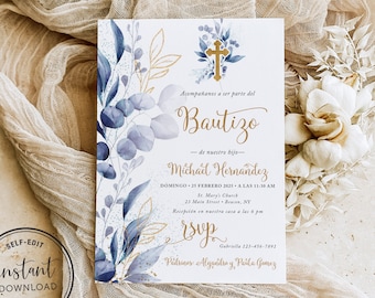 Invitaciones Bautizo Niño, Verde Dorado Invitacion de Bautizo Imprimible, Blue Baptism Invite, Boy, Spanish, Mi Bautizo Invitation, 7G