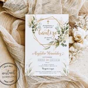 May include: A white card with gold accents and green foliage. The card is an invitation to a baptism for Alejandro Hernandez. The text reads "Acompa&ntilde;anos a ser parte del bautizo de nuestro hijo" and "Septiembre Domingo 24 a las 11:00 am 2024 St. Mary's Church 25 Main Street Beacon, NY Recepci&oacute;n a seguir The Mill House Brewery a las 1:00 pm RSVP Jasmine (914) 423-7598".