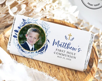 Blue Photo Greenery First Holy Communion Hershey's Chocolate Bar Wrapper Template, Instant Download, Baptism, Confirmation, Printable, 4A