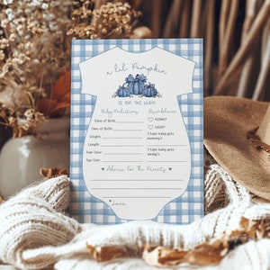 Blue Pumpkin Plaid Baby Predictions and Advice For The Parents Card, Boy Fall Baby Predictions, Autumn Baby Predictions, Instant Download,7P