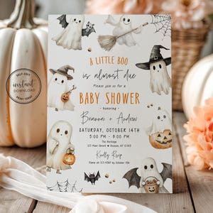 A Little Boo is Almost Due Baby Shower Invite, Editable Halloween Template, Cute Ghost Digital Download, Little Boo Invitation, Printable 4H