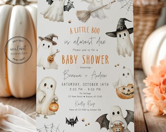 A Little Boo is Almost Due Baby Shower Invite, Editable Halloween Template, Cute Ghost Digital Download, Little Boo Invitation, Printable 4H