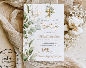 May include: A green and gold baptism invitation with a cross and floral design. The text reads "Acompañanos a ser parte del Bautizo - de nuestro hijo - Michael Hernandez DOMINGO 25 FEBRERO 2025 A LAS 11:30 AM St. Mary's Church 23 Main Street Bracon, NY Recepción en nuestra casa a las 6 pm rsvp Gabriella 123-456-7891 Padrines Algandro y Paula Gomez"