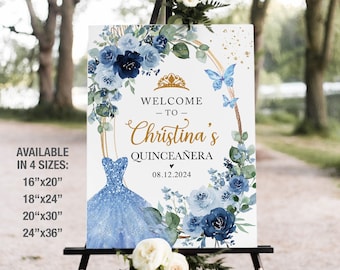 Blue and Gold Floral Quineanera Welcome Sign, Mis Quince Años Welcome Poster, Mis XV Años Welcome Sign, Blue Flowers 15 años Welcome, 1Q