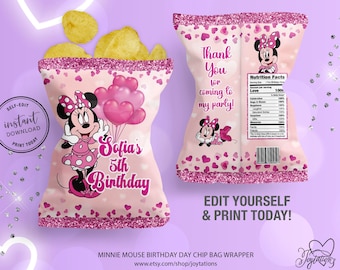 Minnie Mouse Pink Birthday Chip Bag Wrapper Template, Instant Download, Minnie Mouse Pink Birthday Favors, Disney Birthday Chip Bag, 3M