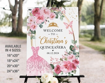 Pink and Gold Floral Quinceañera Welcome Sign, Mis Quince Años Welcome Poster, Mis XV Años Welcome Sign, Blue Flowers 15 años Welcome, 1Q