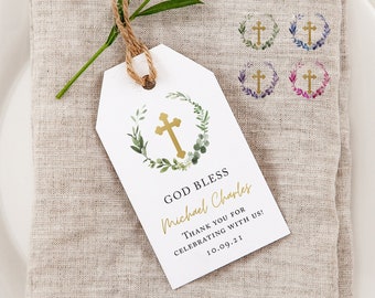 Foliage Baptism Favor Tag Printed, Christening, Communion, Confirmation, Wedding, Gift Tag, Thank You Tag, 3W
