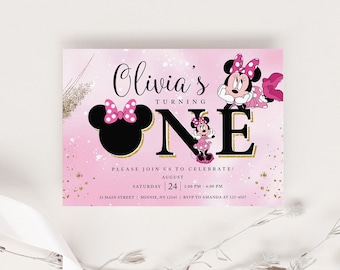 Minnie Maus ersten Geburtstag Party Einladung Vorlage, 1. Geburtstagseinladung, Mädchen erster Geburtstag, Micky Maus Disney, Instant Download