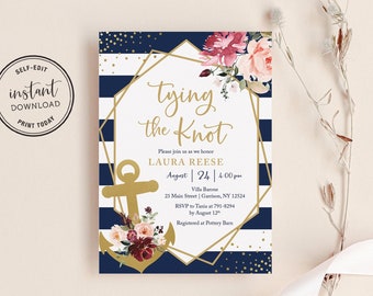 Nautical Bridal Shower Invitation Template, Instant Download, Printable, Navy, Burgundy, Blush, Gold, 6N