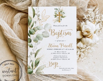 Greenery Baptism Invitation Template, Christening Invite, Printable Boy Baptism Invite, Editable Invitation, Instant Download, 7G