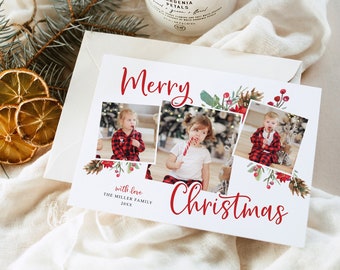 Editable Photo Christmas Card Template, Instant Download, Printable, Photographs, Pictures, Holiday Card, Landscape, Greeting Card, 5H