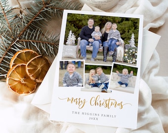 May include: A white Christmas card with a family photo collage. The card features the text "Merry Christmas" in gold script, along with the family name and year. The card also includes the text "Calm Bright".
