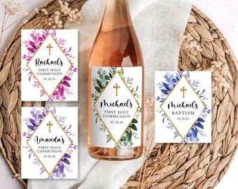 Foliage Baptism Wine Bottle Labels, Christening, Communion, Confirmation, Wedding, Custom, Printable, 9F