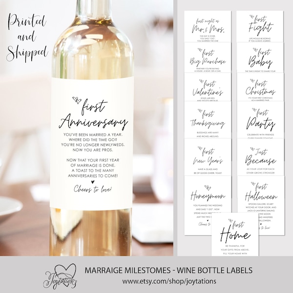 Printed Marriage Milestone Wine Bottle Labels, Year Of Firsts Wine Labels, Wedding Gift Idea, Bridal Shower Gift Idea, 1M
