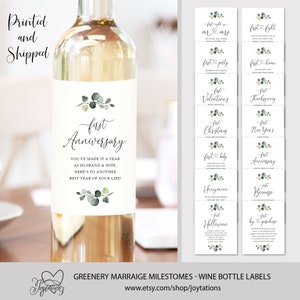 Printed Greenery Marriage Milestone Wine Bottle Labels, Wedding Gift, Wedding Ideas, Bridal Shower, Bachelorette Party, Wine Labels, 3G