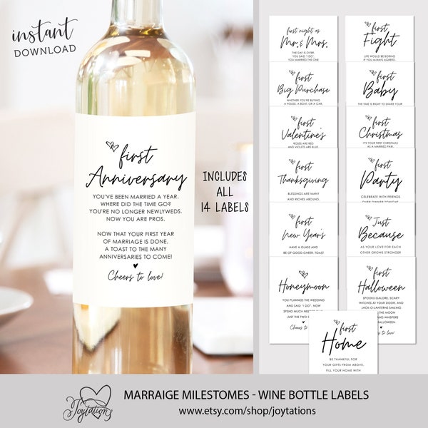 Marriage Milestone Wine Bottle Labels, Instant Download, Printable, Set of 14, Wedding Gift, Wedding Ideas, Wedding Wine Labels, 1M