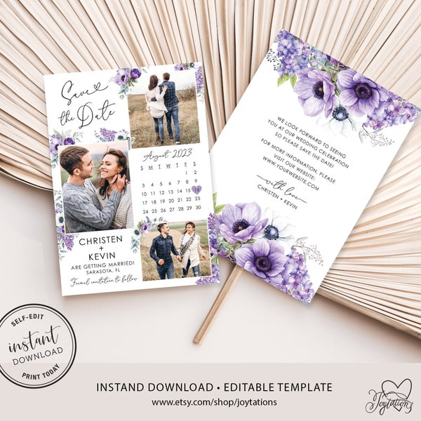 Editable Lavender Photo Save The Date Card with Calendar Template, Instant Download, Lilacs, Save Our Date Card, Purple, Plum, Wedding, 1L