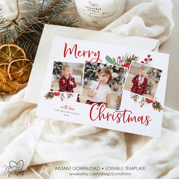 Editable Photo Christmas Card Template, Instant Download, Printable, Photographs, Pictures, Holiday Card, Landscape, Greeting Card, 5H