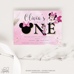 Minnie Mouse First Birthday Party Invitation Template, 1st Birthday Invitation, Girl First Birthday, Mickey Mouse Disney, Instant Download