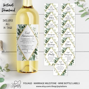 Foliage Marriage Milestone Wine Bottle Labels, Instant Download, Printable, Wedding Gift, Wedding Ideas, Bridal Shower Gift, Set of 14, 7F
