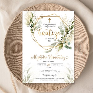 May include: A gold geometric frame with green foliage and gold glitter accents surrounds the text "Acompa&ntilde;anos a ser parte del bautizo de nuestro hijo Alejandro Hernandez". The text below the frame includes the date and time of the baptism, the church location, and the reception details.