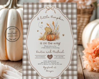 Winnie the Pooh Pumpkin Baby Shower Invitation Template Printed or Digital File, A Little Pumpkin Is On The Way Baby Shower Invite, Brown 1P