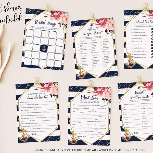 Nautical Bridal Shower Game Package Deal, Anchor, Instant Download, Printable, Savings, Set, Bundle, Bachelorette Party Game, Wedding, 6N