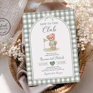 May include: A baby shower invitation card featuring a sage green and white gingham border, an arched frame, and a watercolor illustration of a teddy bear holding a golf club. The text reads New to the Club, Brianna and Patrick, October 12, and Towncrier Cafe.