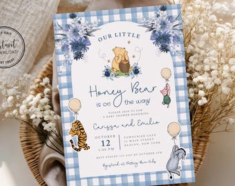 Classic Winnie The Pooh Blue Plaid Baby Shower Invitation Template Printed or Digital File Pooh Baby Shower Invite For Boy Baby Shower Pooh