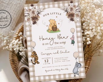 Classic Winnie The Pooh Brown Plaid Baby Shower Invitation Template, Gender Neutral Winnie The Pooh Baby Shower Invite, Gender Reveal, 2W