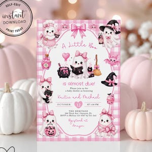 A Little Boo is Almost Due Pink Baby Shower Invite Template, Cute Pink Ghost Invitation For Girl, Baby Girl Halloween Invite Printable, 5H image 1