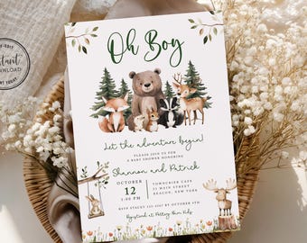 Woodland Animals Baby Shower Invitation Template Printed or Digital File, Forest Animals Baby Shower Invite For Boy or Gender Neutral, 1A
