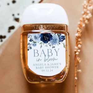 Blue baby In Bloom Baby shower Hand Sanitizer Labels Printed, Boy Baby Shower Favors, Dusty Blue Floral Baby Shower Thank You Favors, 4F