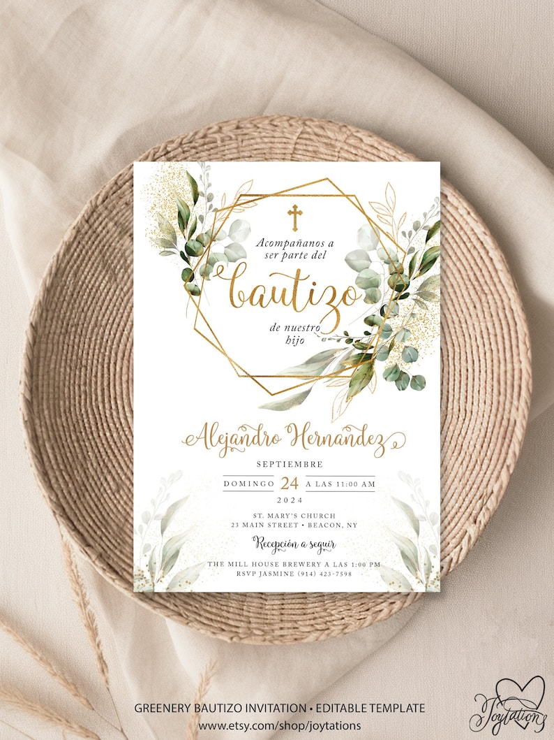 May include: A gold geometric frame with green foliage and gold glitter accents surrounds the text "Acompa&ntilde;anos a ser parte del bautizo de nuestro hijo Alejandro Hernandez". The text below the frame includes the date and time of the baptism, the church location, and the reception details.