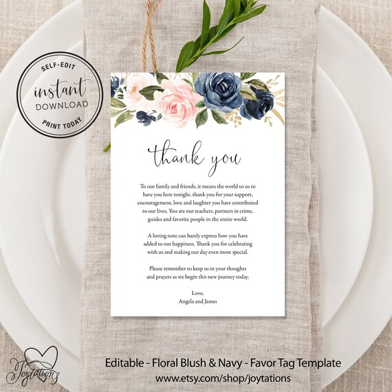 Floral Wedding Thank You Table Place Card Template, Printable, Instant Download, Blush and Navy, Flowers, Floral, Personalized, 6F, 5F Il_570xn