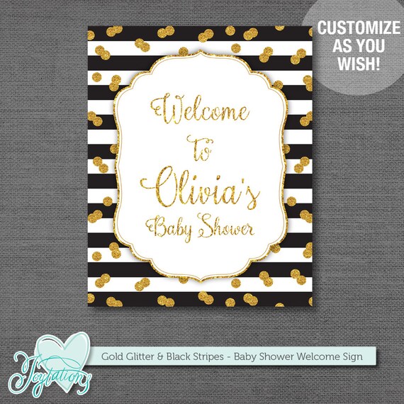 Gold Glitter and Black Stripes Baby Shower Welcome Sign Personalized, Baby Shower Decor, Bridal Shower Sign, Boy, Girl, Gender Neutral, 7G Il_570xn