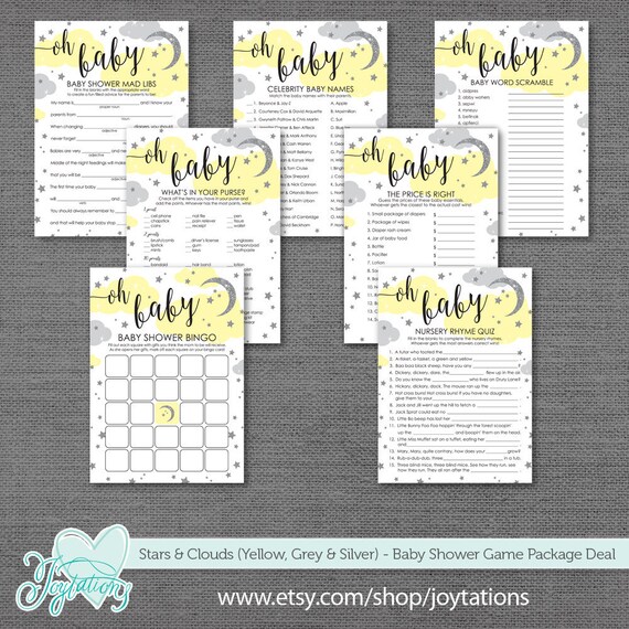 Stars And Clouds Baby Shower Game Package Deal Yellow Grey And Etsy