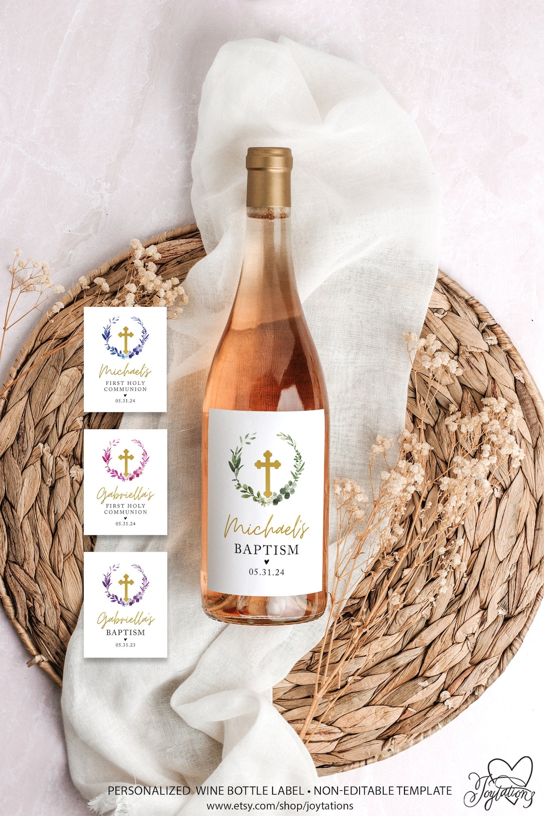 Foliage Baptism Wine Bottle Label Printed, Christening Wine Labels, Communion Wine Labels