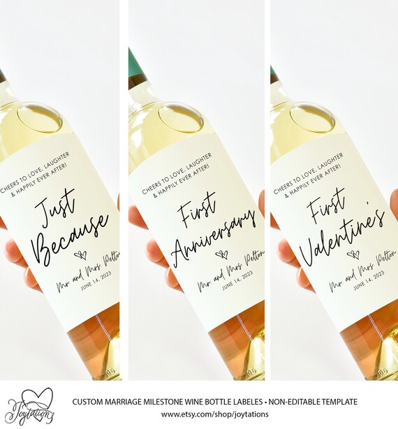 Custom Marriage Milestone Wine Bottle Labels Printed, Year Of Firsts