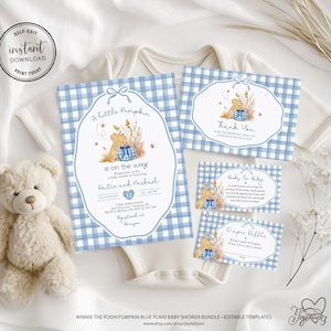 May include: A blue and white gingham baby shower invitation bundle featuring Winnie the Pooh illustrations, wheat stalks, and pumpkins. The set includes an invitation, thank you card, book request, and diaper raffle card with blue text and bows.
