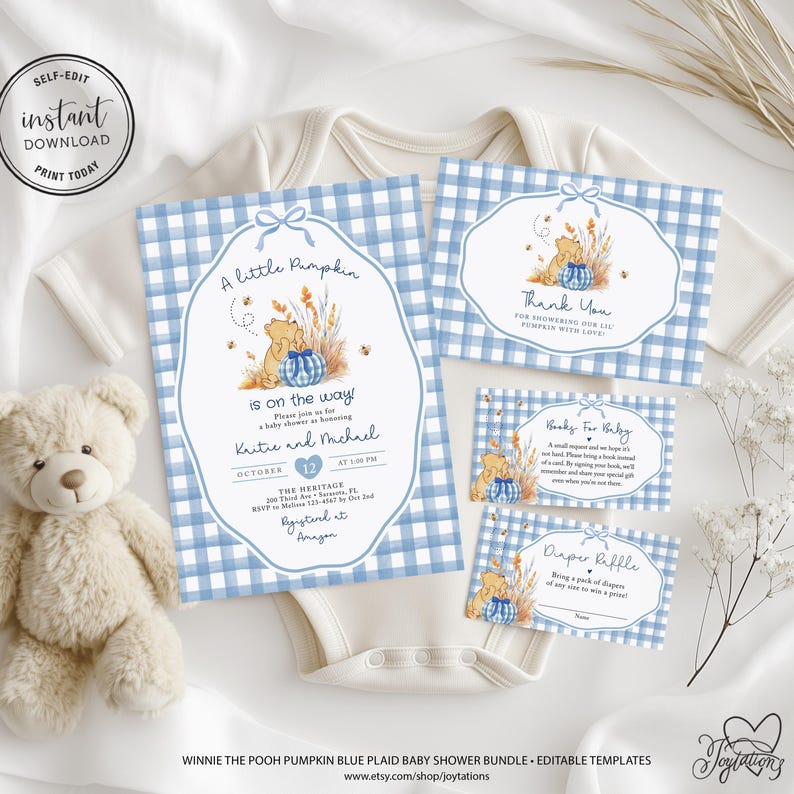 May include: A blue and white gingham baby shower invitation bundle featuring Winnie the Pooh illustrations, wheat stalks, and pumpkins. The set includes an invitation, thank you card, book request, and diaper raffle card with blue text and bows.