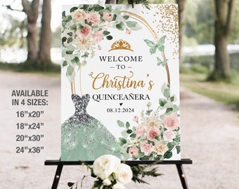 Signo de bienvenida de Quineanera Floral de Salvia y Oro, Cartel de Bienvenida de Mis Quince Años, Signo de Bienvenida de Mis XV Años, Flores de Salvia 15 años Bienvenida, 1Q