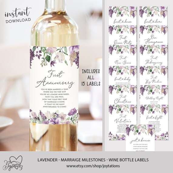 Lavender Marriage Milestone Wine Bottle Labels, Set of 15, Instant