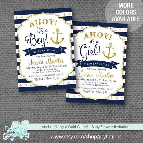 Anchor Navy and Gold Glitter Baby Shower Invitation Printable, Nautical, Boy, Girl, Baby Shower Invite, Navy and White Stripes, 1N Il_570xn
