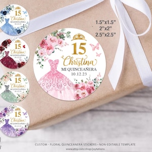 Quinceañera Stickers Printed, Mis quince años stickers, Mis XV Años, Thank you stickers for 15 años, Pink, Blue, Burgundy, Maroon, 1Q
