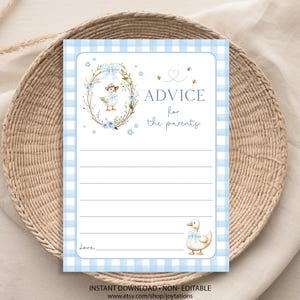 Blue Silly Goose advies voor de ouders kaart, grillige babyshower game afdrukbaar voor jongen, schattig speels, gans digitale download, 2G