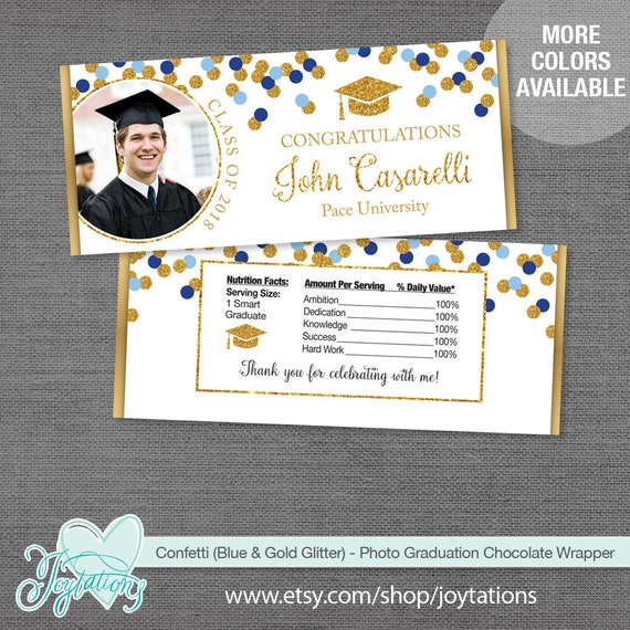 BLUE AND GOLD GRADUATION FAVORS CANDY BAR WRAPPERS HERSHEY BAR WRAPPERS