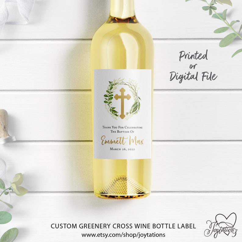 Greenery Baptism Wine Bottle Label Printed or Digital File Etsy